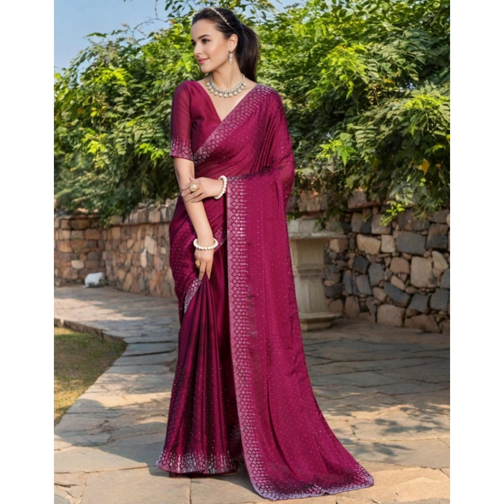 Generic Women's Rangoli Diamond Weaving - Stone Work Saree With Unstitched Blouse 5.5Mtr (Maroon)