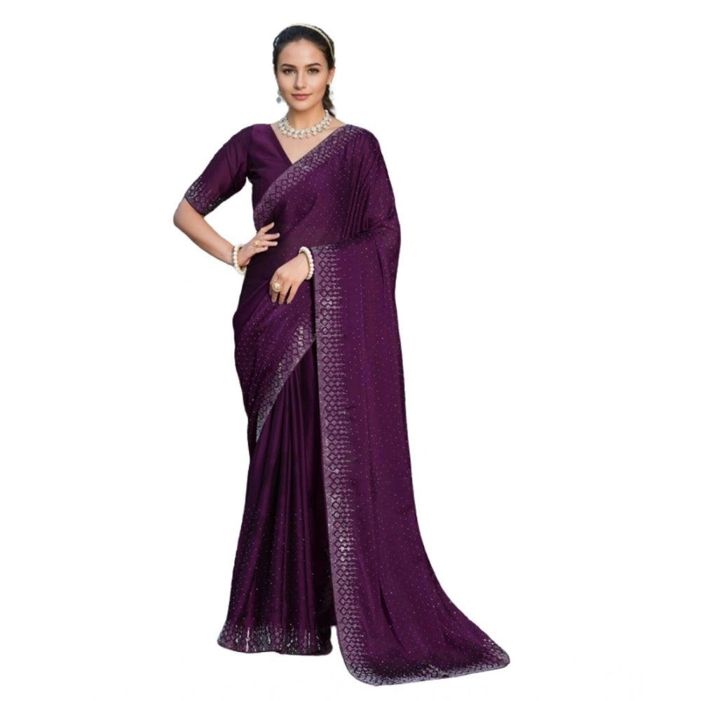 Generic Women's Rangoli Diamond Weaving - Stone Work Saree With Unstitched Blouse 5.5Mtr (Purple)