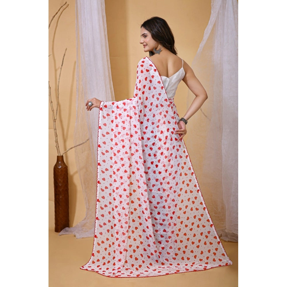 Generic Women's Georgette Printed Saree With Unstitched Blouse 5.5Mtr (White-Red)