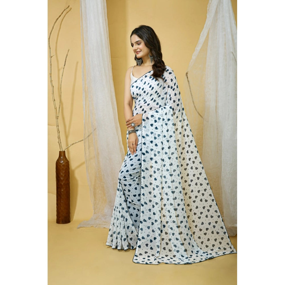 Generic Women's Georgette Printed Saree With Unstitched Blouse 5.5Mtr (White)