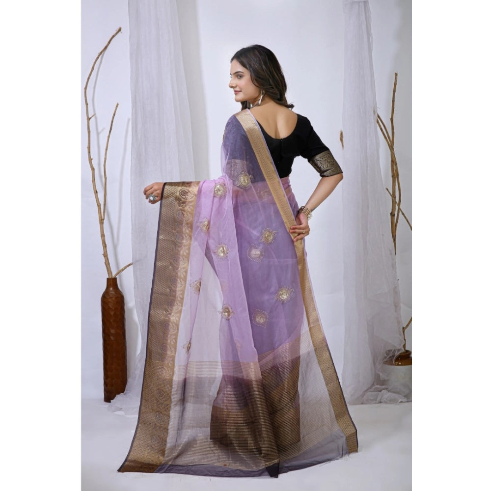 Generic Women's Organza jacquard Embellished Saree With Unstitched Blouse 5.5Mtr (Purple)