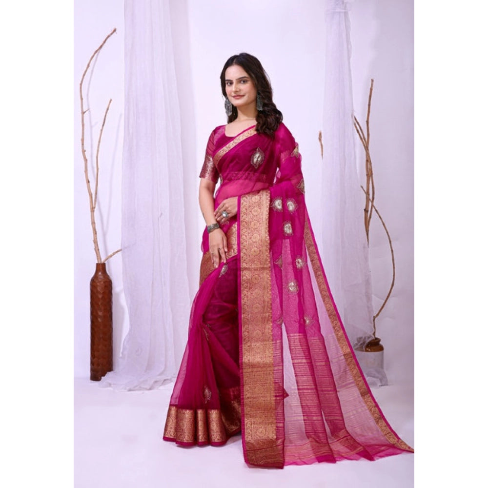 Generic Women's Organza jacquard Embellished Saree With Unstitched Blouse 5.5Mtr (Pink)