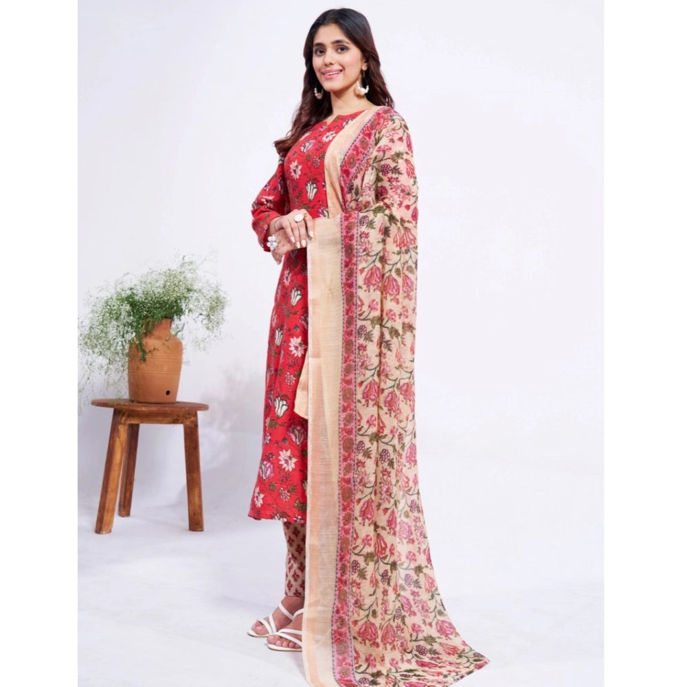 Generic Women's Cotton Blend Printed Kurti With Pant Dupatta Set (Red)