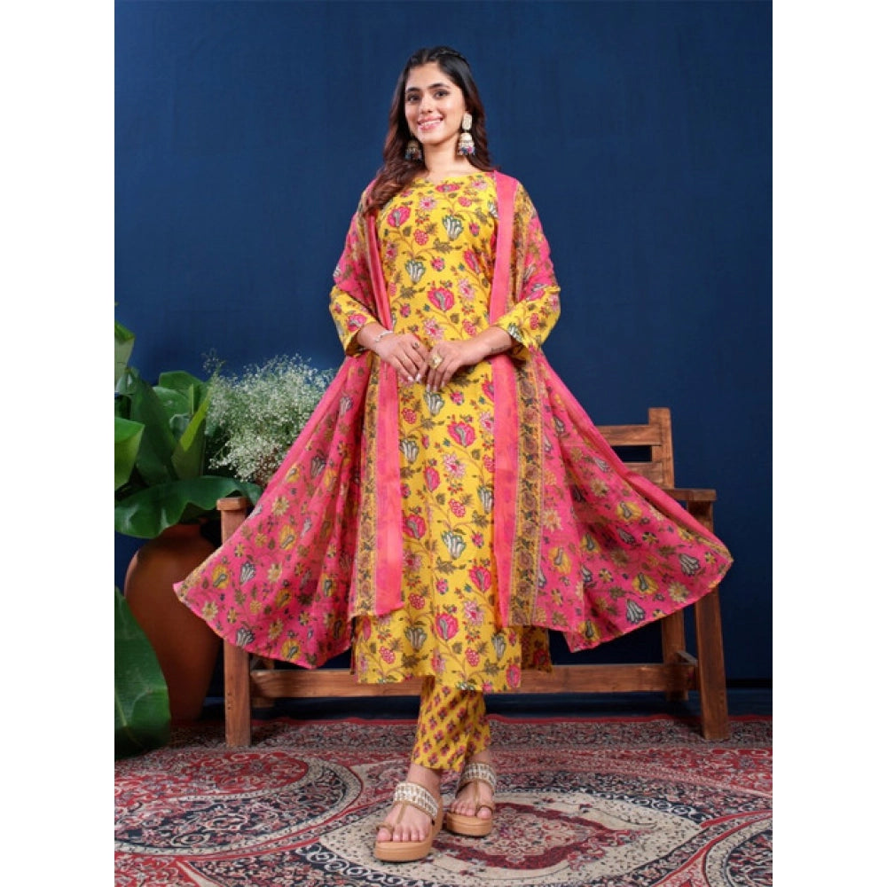 Generic Women's Cotton Blend Printed Kurti With Pant Dupatta Set (Yellow)