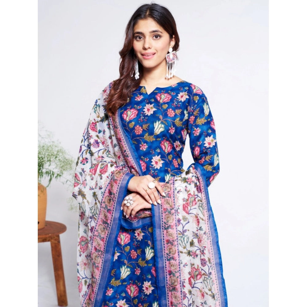 Generic Women's Cotton Blend Printed Kurti With Pant Dupatta Set (Blue)