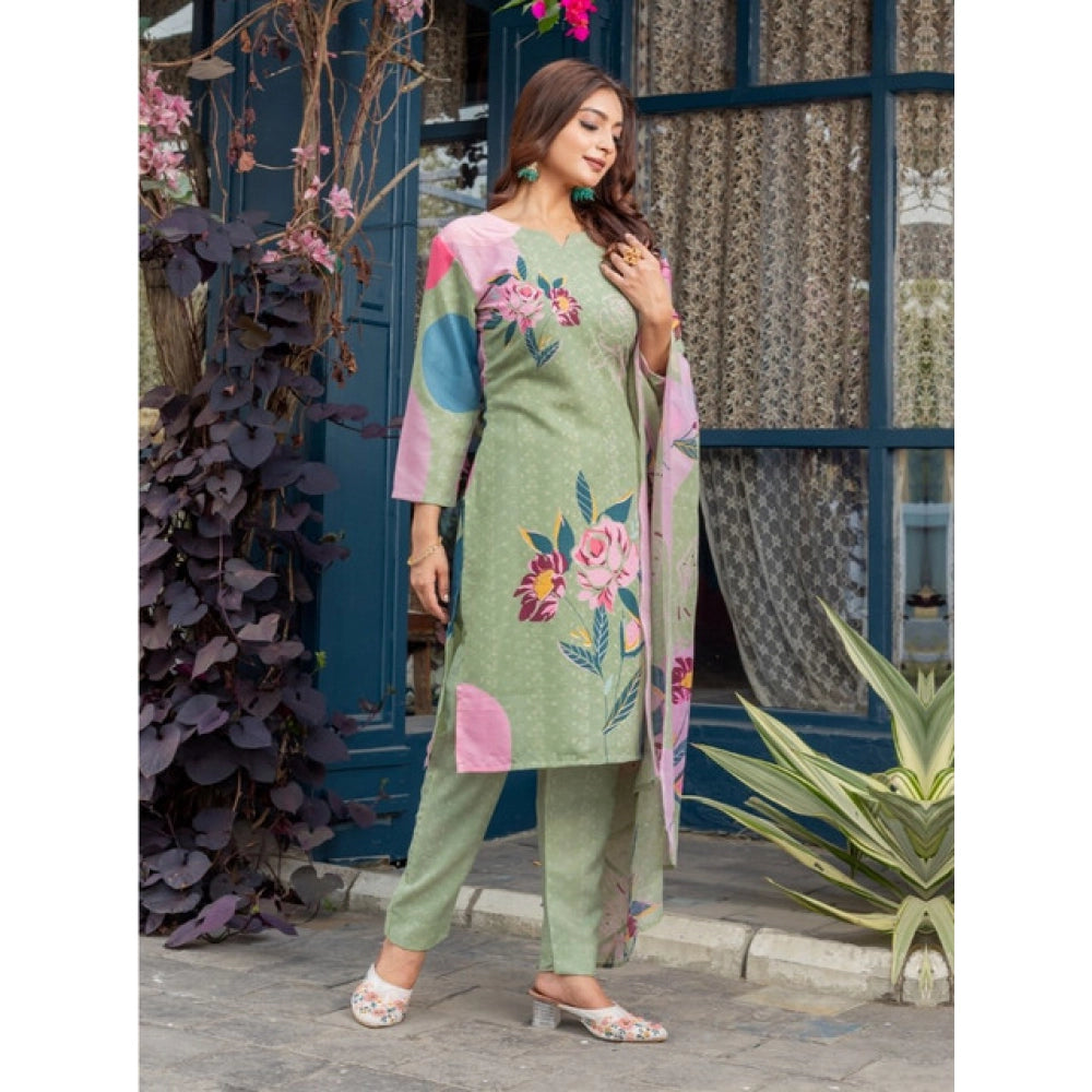 Generic Women's Cotton Blend Printed Kurti With Pant Dupatta Set (Mehendi)
