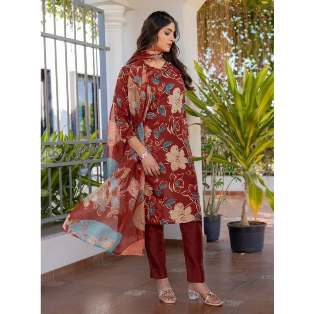 Generic Women's Cotton Blend Printed Kurti With Pant Dupatta Set (Rust)