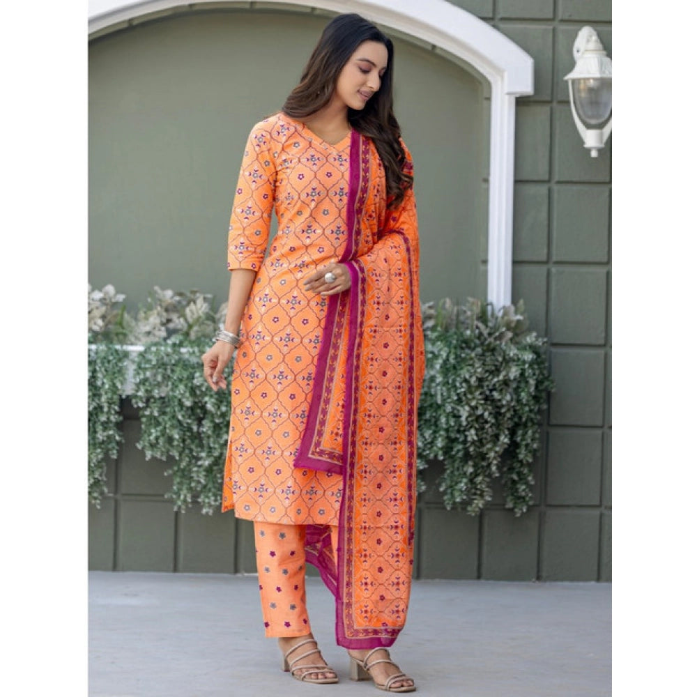 Generic Women's Cotton Blend Printed Kurti With Pant Dupatta Set (Coral)