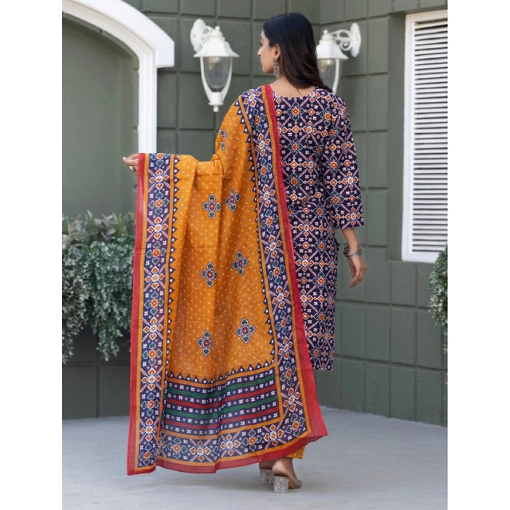 Generic Women's Cotton Blend Printed Kurti With Pant Dupatta Set (Navy Blue)