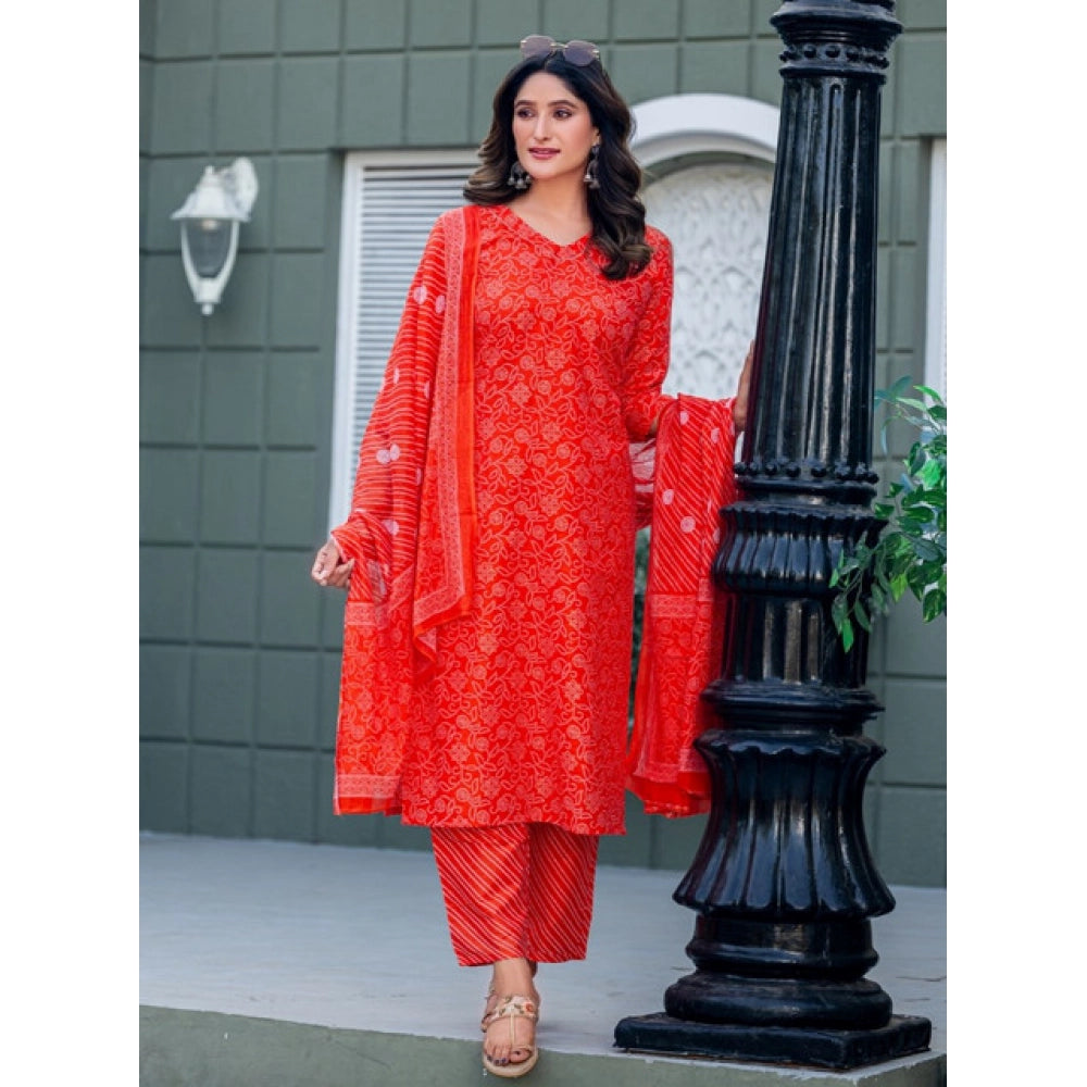 Generic Women's Cotton Blend Printed Kurti With Pant Dupatta Set (Orange)