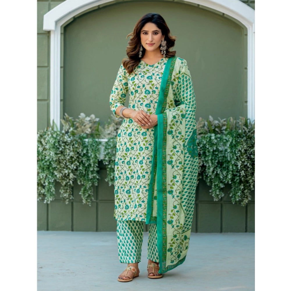 Generic Women's Cotton Blend Printed Kurti With Pant Dupatta Set (Pista)