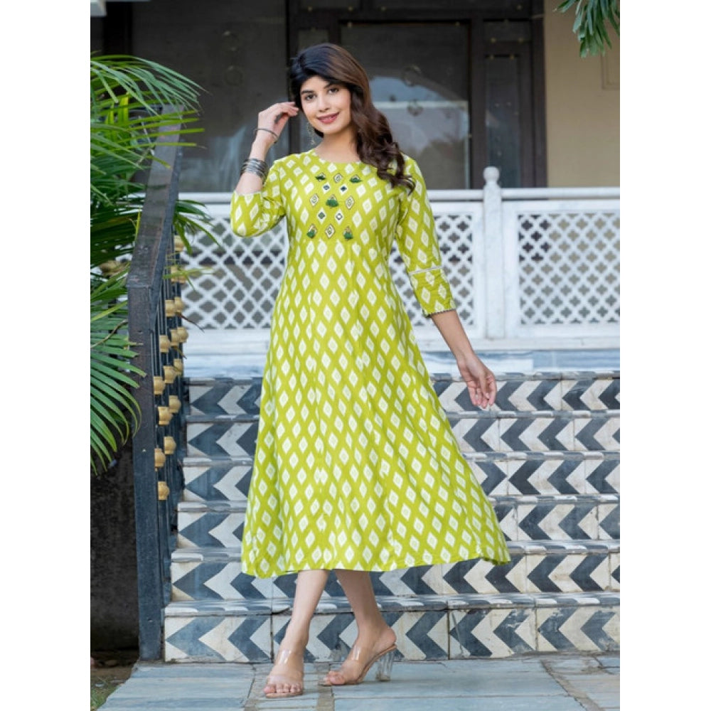 Generic Women's Rayon Print With Embroidery Work A-Line Kurti (Parrot)