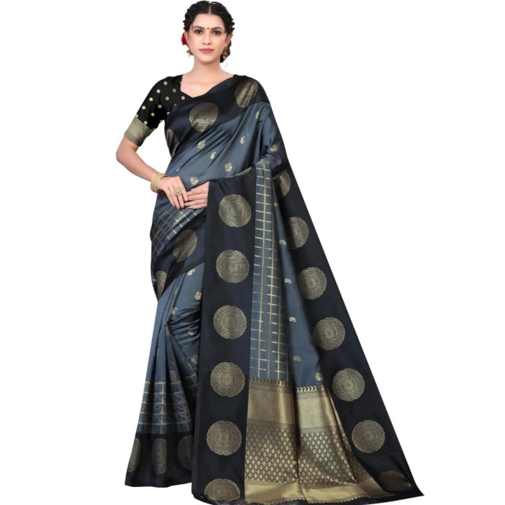 Generic Women's Soft Lichi Silk Printed Saree With Unstitched Blouse 5.5Mtr (Black)