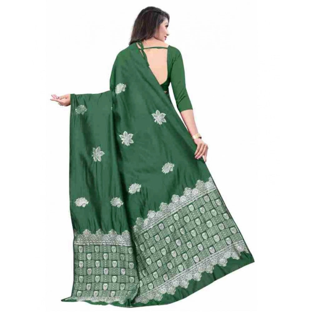 Generic Women's Soft Lichi Silk Printed Saree With Unstitched Blouse 5.5Mtr (Green)