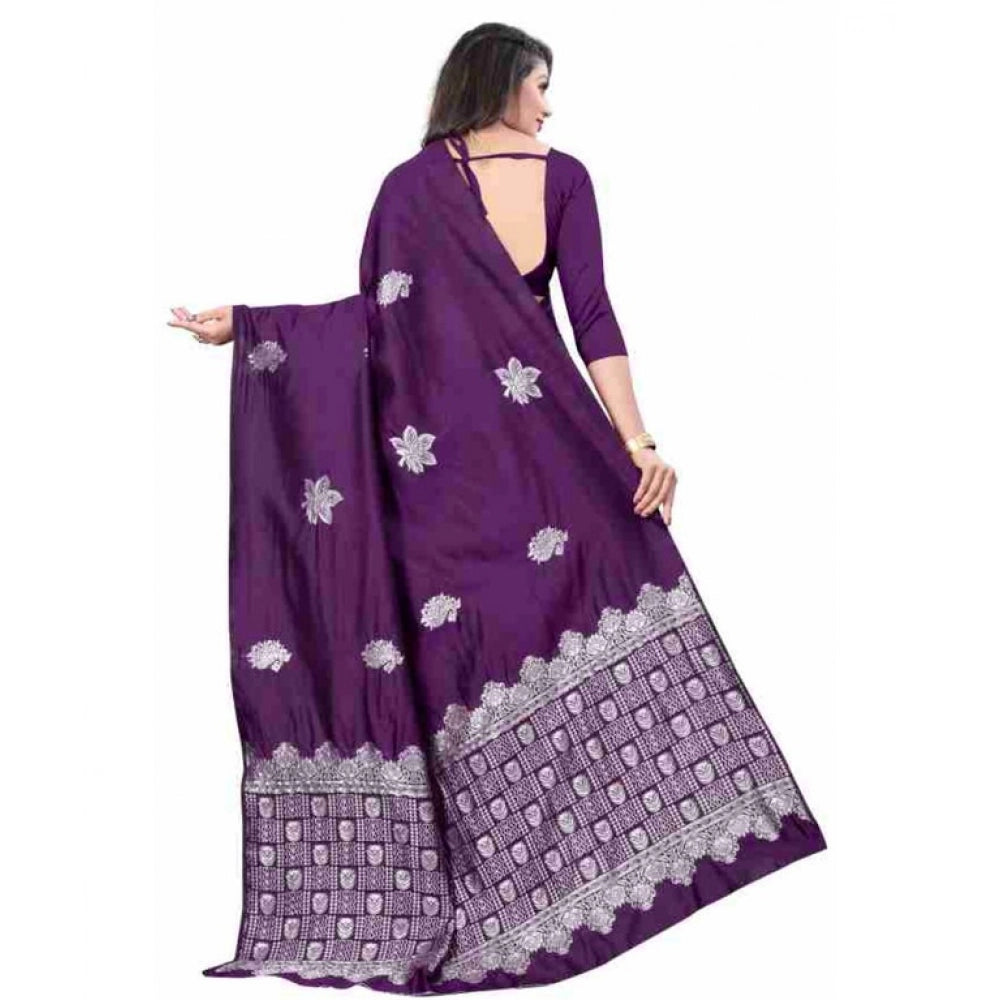 Generic Women's Soft Lichi Silk Printed Saree With Unstitched Blouse 5.5Mtr (Purple)