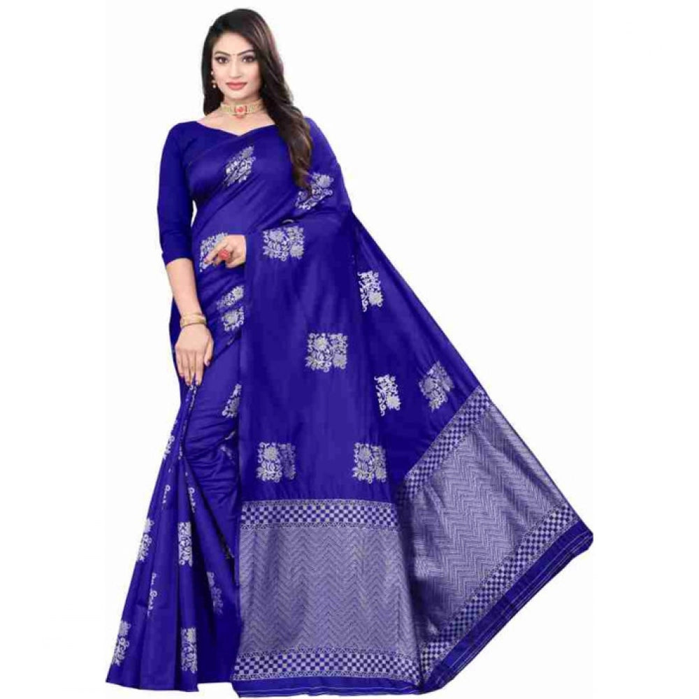 Generic Women's Soft Lichi Silk Printed Saree With Unstitched Blouse 5.5Mtr (Royal-Blue)