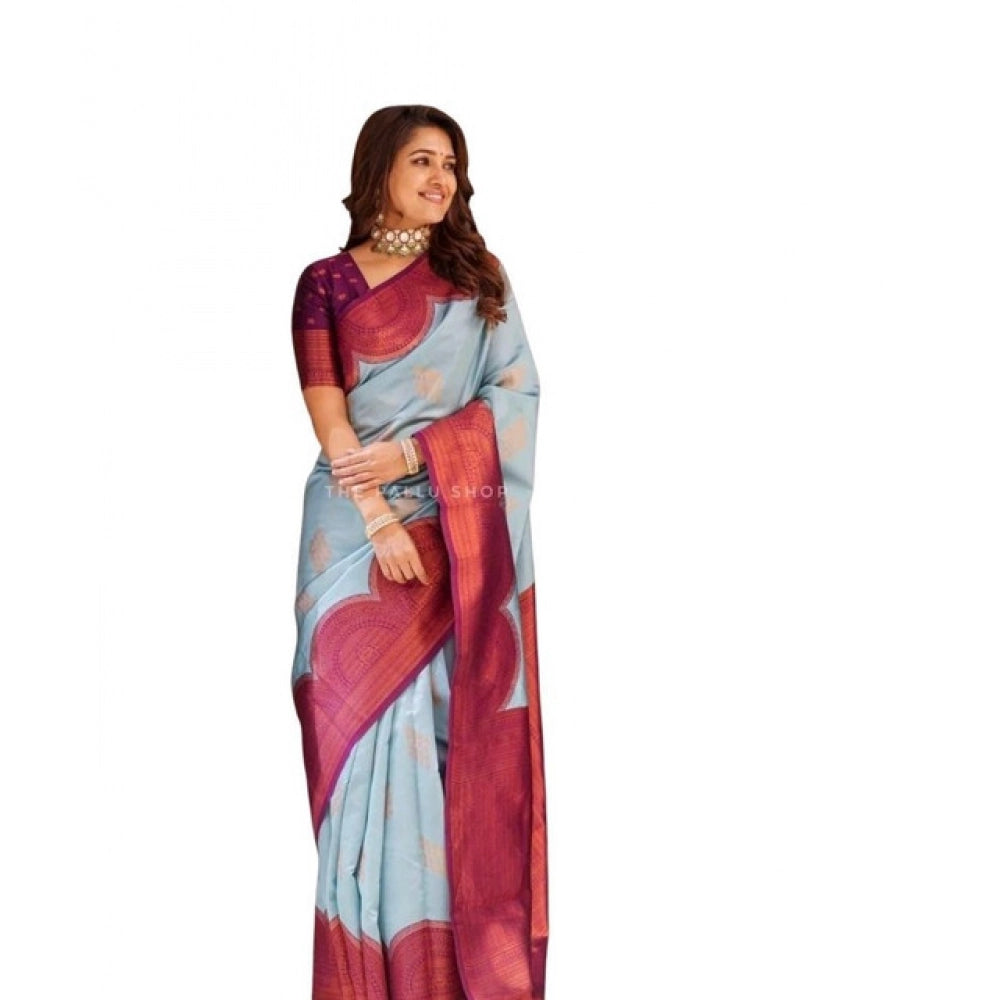 Generic Women's Soft Lichi Silk Printed Saree With Unstitched Blouse 5.5Mtr (Light-Blue)