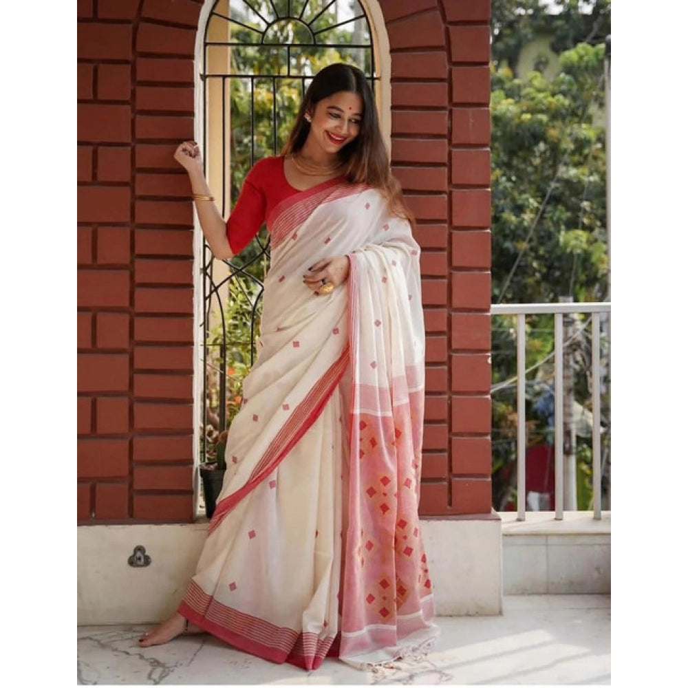 Generic Women's Soft Lilan Printed Saree With Unstitched Blouse 5.5Mtr (White)