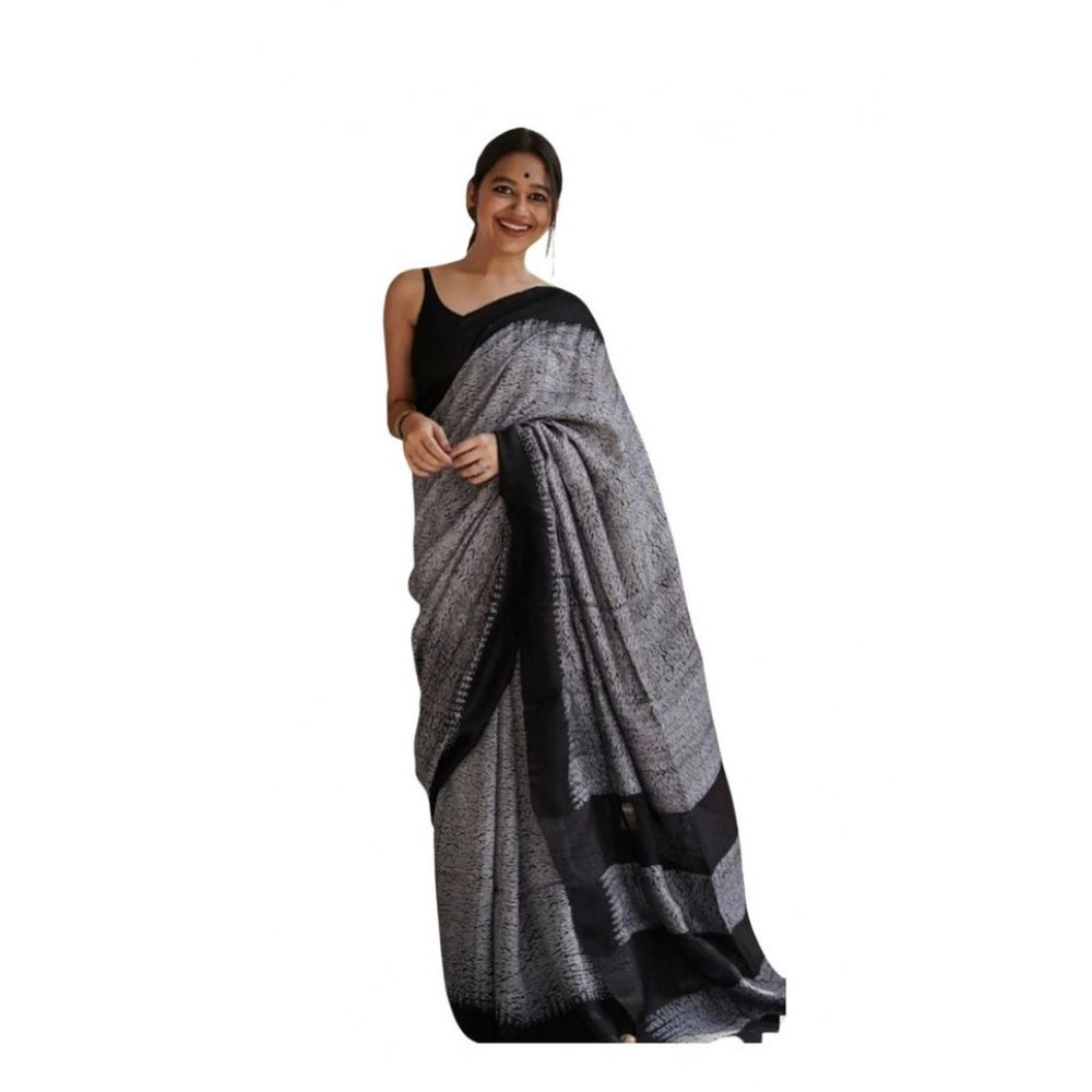 Generic Women's Soft Lilan Printed Saree With Unstitched Blouse 5.5Mtr (Black)