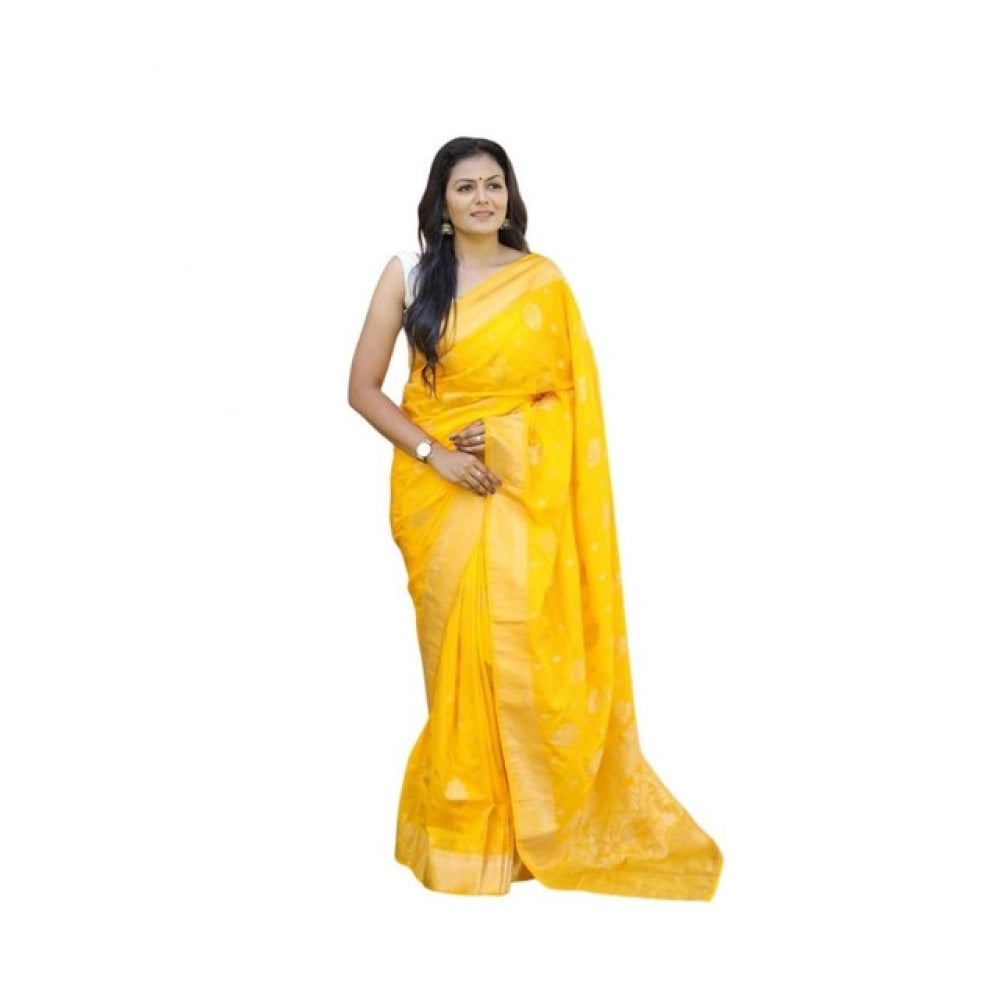 Generic Women's Soft Lichi Silk Printed Saree With Unstitched Blouse 5.5Mtr (Yellow)