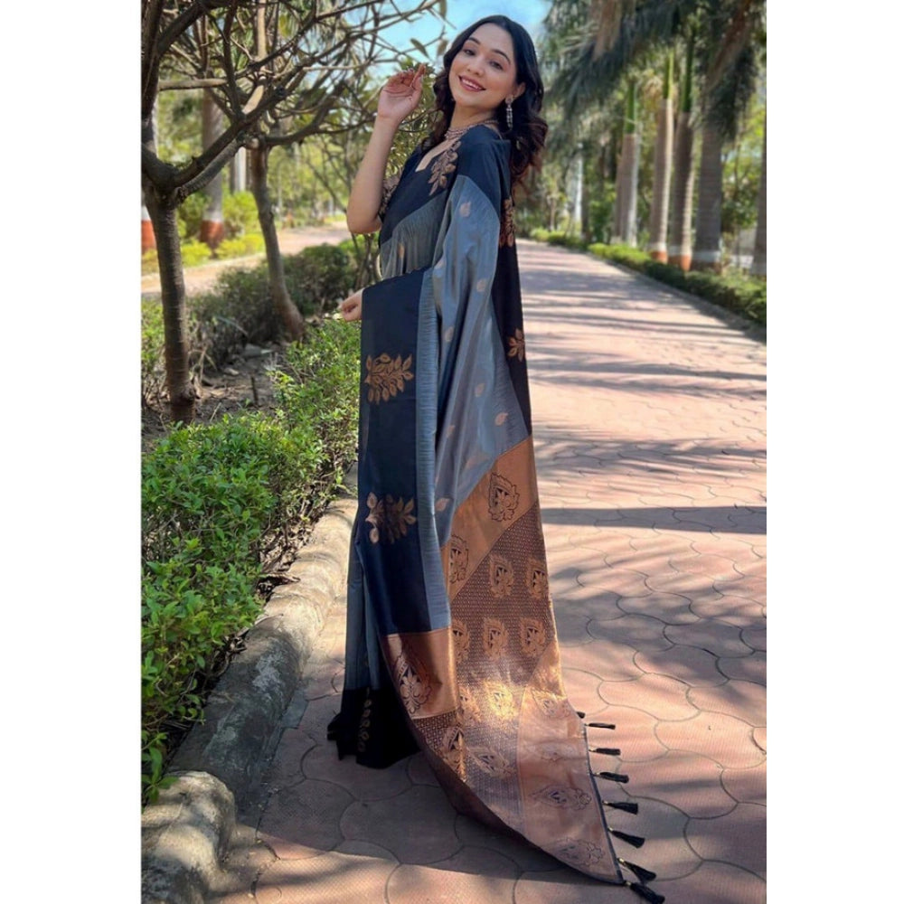 Generic Women's Soft Lichi Silk Printed Saree With Unstitched Blouse 5.5Mtr (Grey)