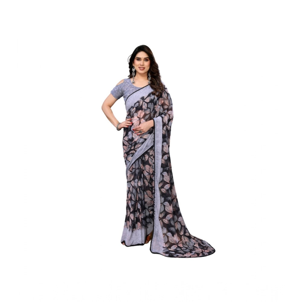 Generic Women's Chiffon Printed Saree With Unstitched Blouse 5.5Mtr (Grey)