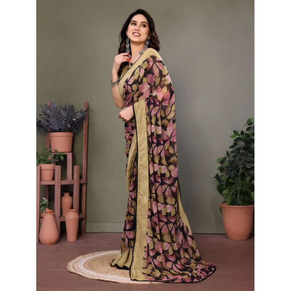 Generic Women's Chiffon Printed Saree With Unstitched Blouse 5.5Mtr (Beige)