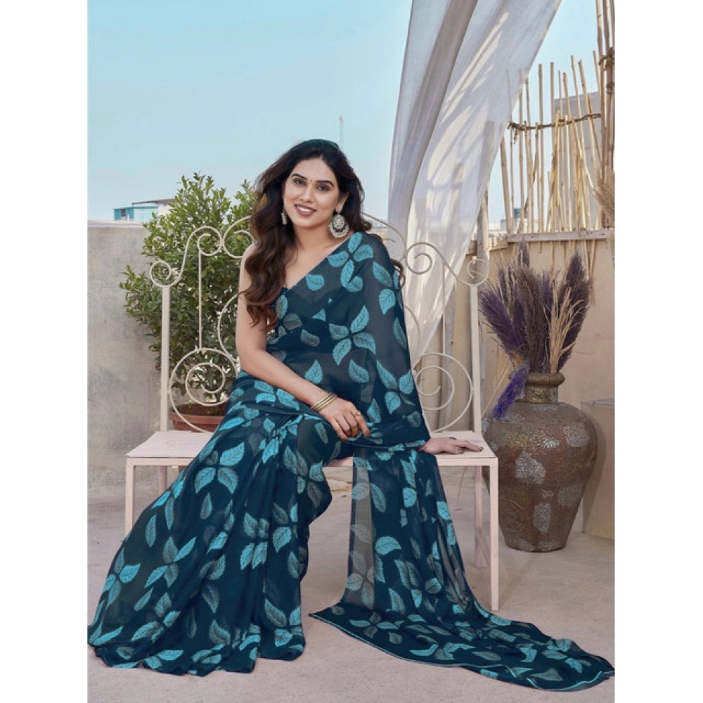 Generic Women's Chiffon Printed Saree With Unstitched Blouse 5.5Mtr (Blue)