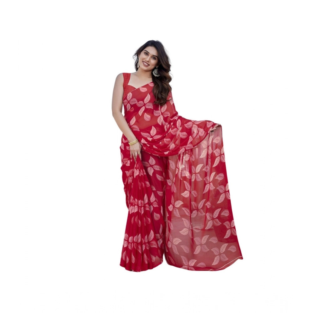 Generic Women's Chiffon Printed Saree With Unstitched Blouse 5.5Mtr (Red)