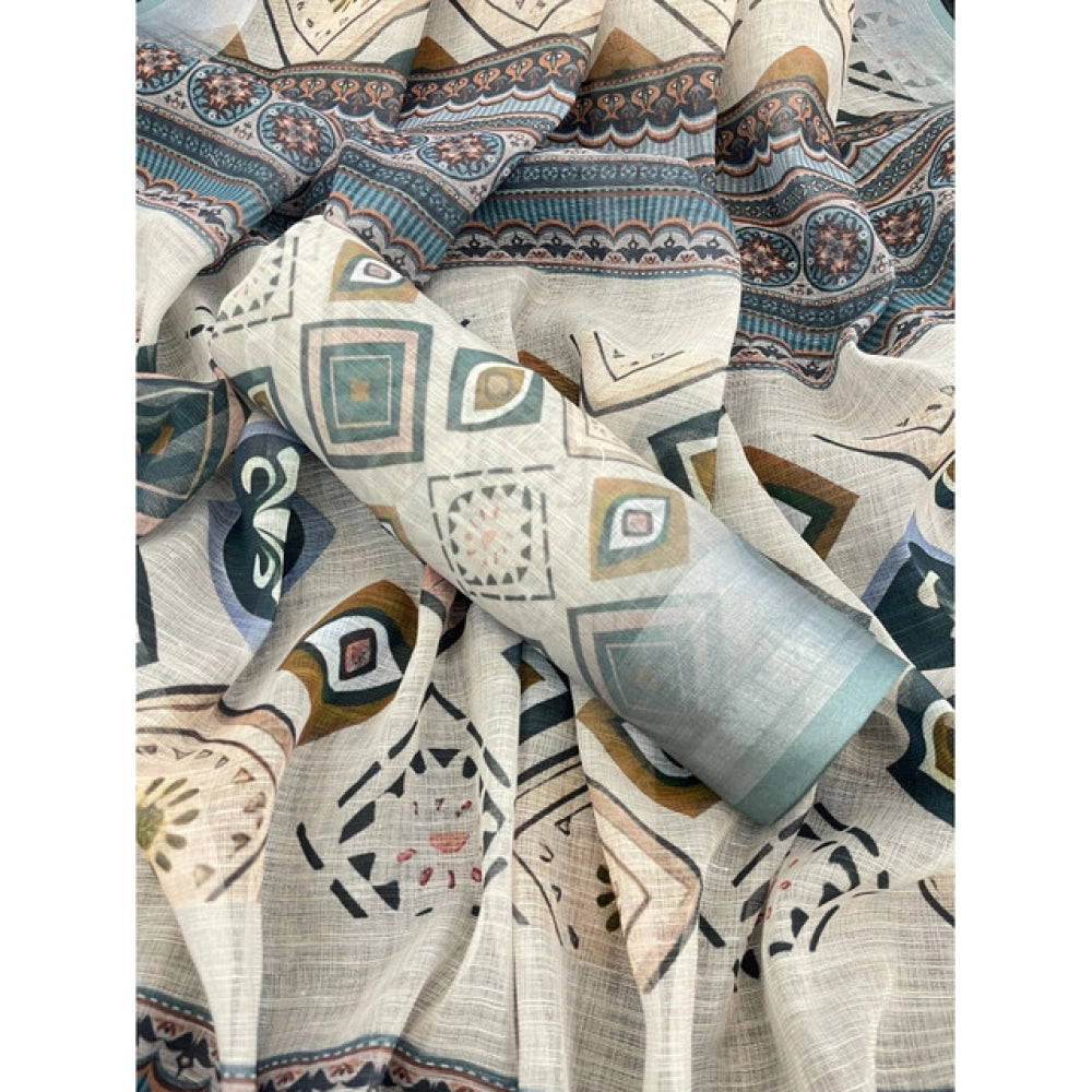 Generic Women's Linen Cotton  Printed Saree With Unstitched Blouse 5.5Mtr (Grey)