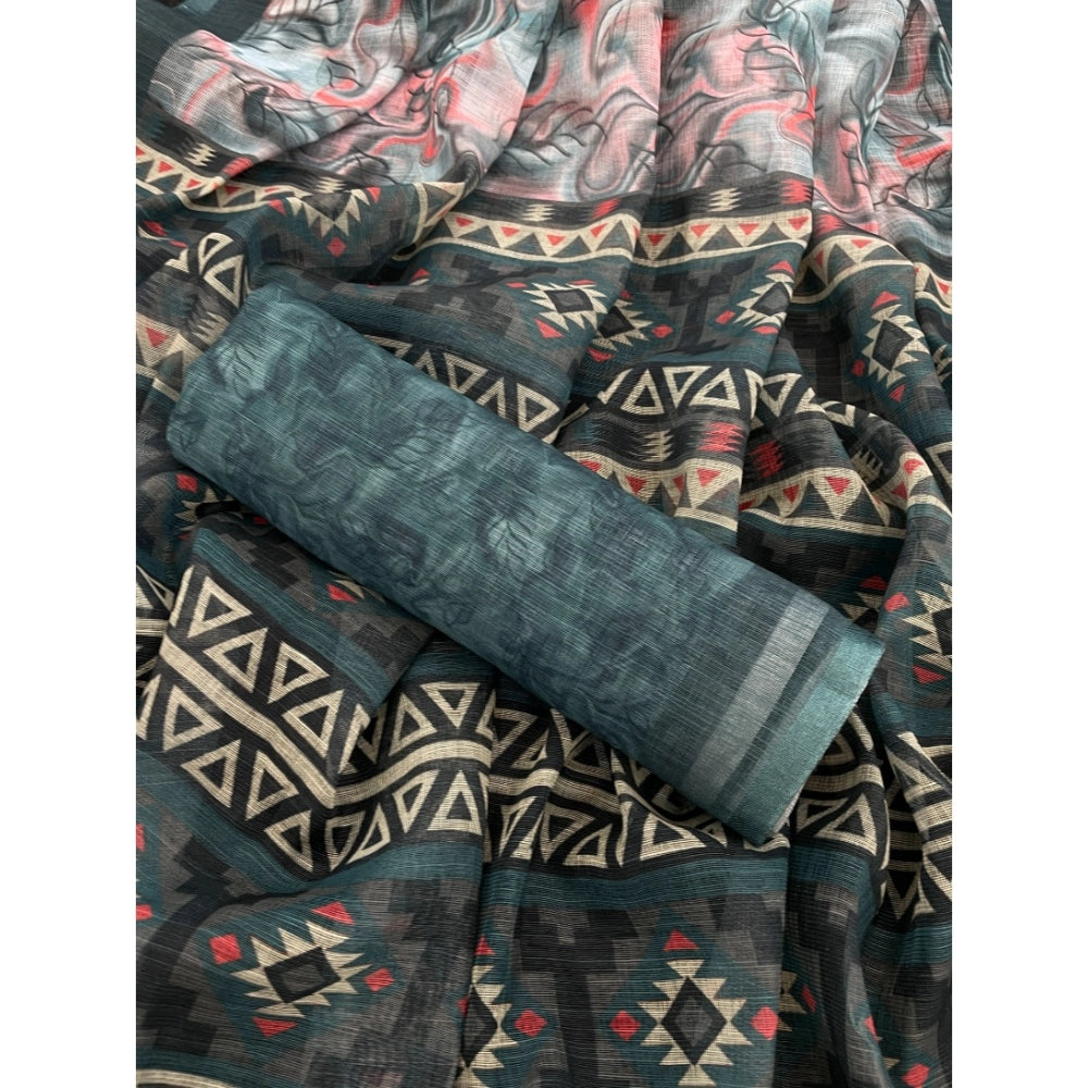 Generic Women's Linen Cotton  Printed Saree With Unstitched Blouse 5.5Mtr (Blue)