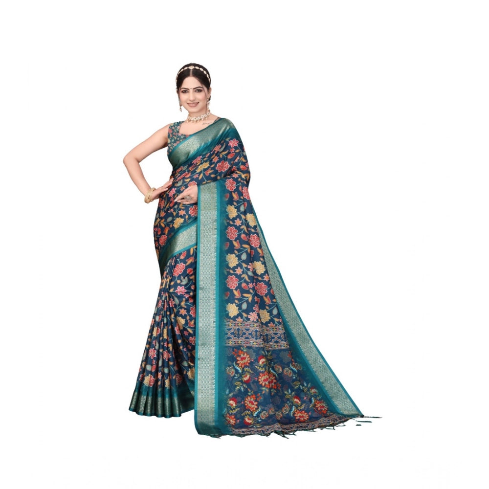Generic Women's Cotton Silk  Printed Saree With Unstitched Blouse 5.5Mtr (Blue)