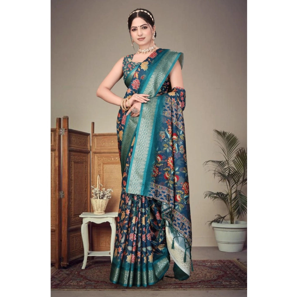 Generic Women's Cotton Silk  Printed Saree With Unstitched Blouse 5.5Mtr (Blue)