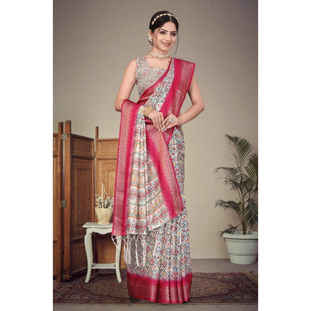 Generic Women's Cotton Silk  Printed Saree With Unstitched Blouse 5.5Mtr (Pink)