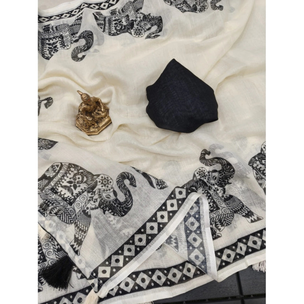 Generic Women's Linen Cotton Printed Saree With Unstitched Blouse 5.5Mtr (Cream &amp; Black)