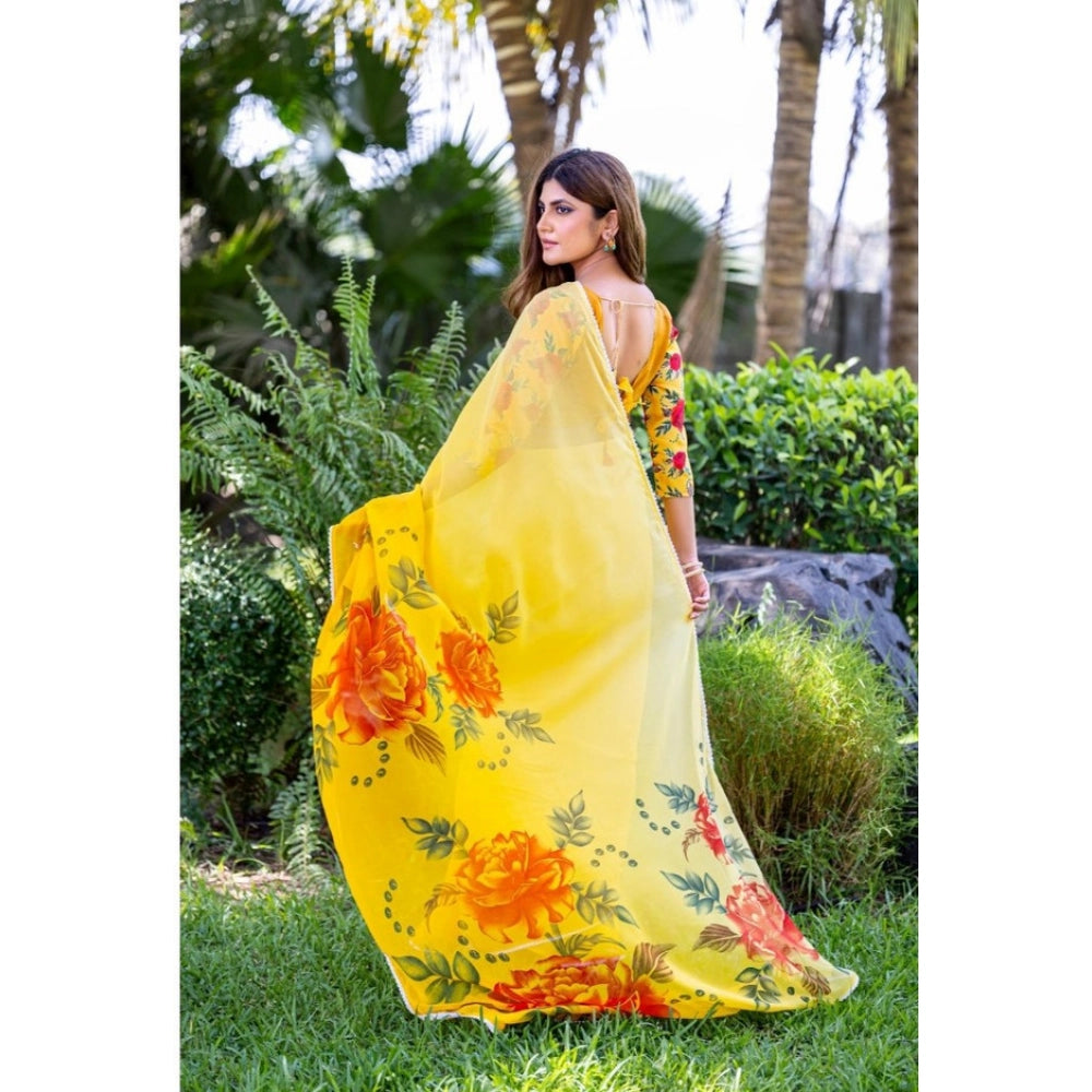 Generic Women's Georgette  Printed Saree With Unstitched Blouse 5.5Mtr (Yellow)