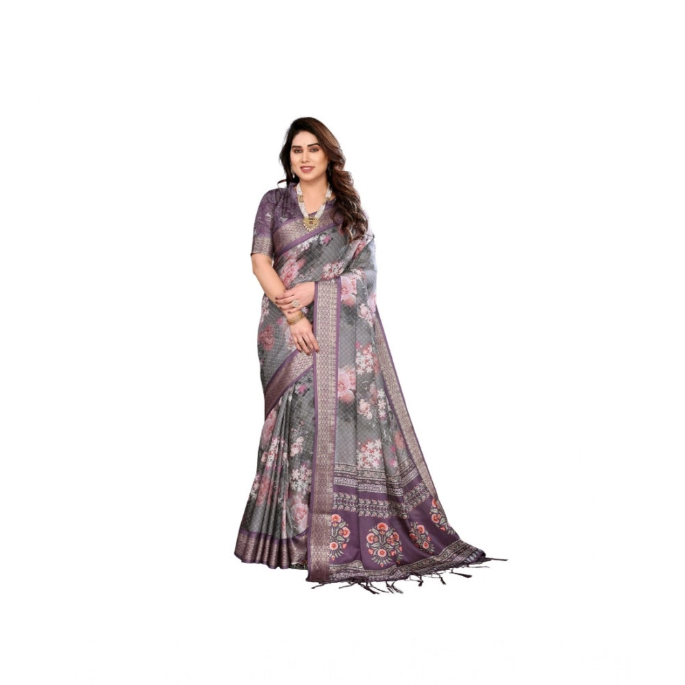 Generic Women's Cotton Silk  Printed Saree With Unstitched Blouse 5.5Mtr (Wine )