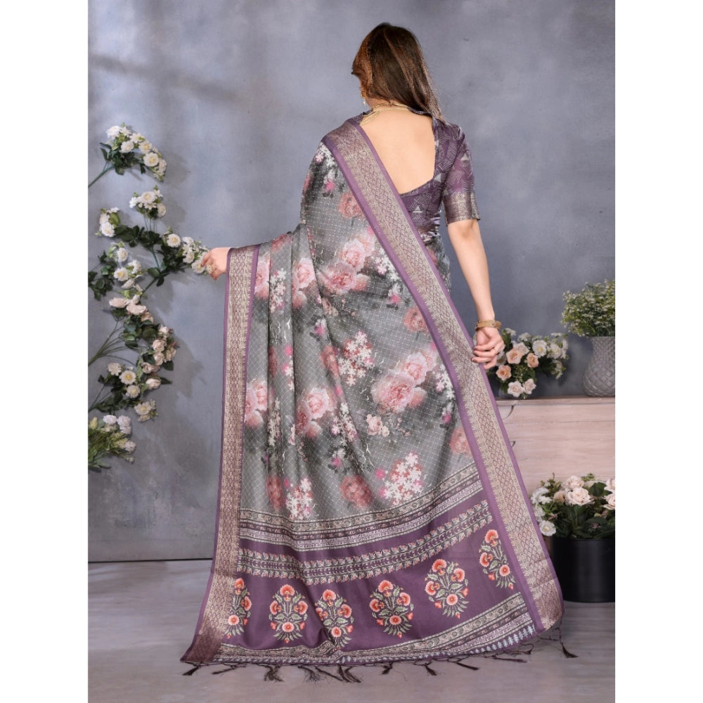Generic Women's Cotton Silk  Printed Saree With Unstitched Blouse 5.5Mtr (Wine )