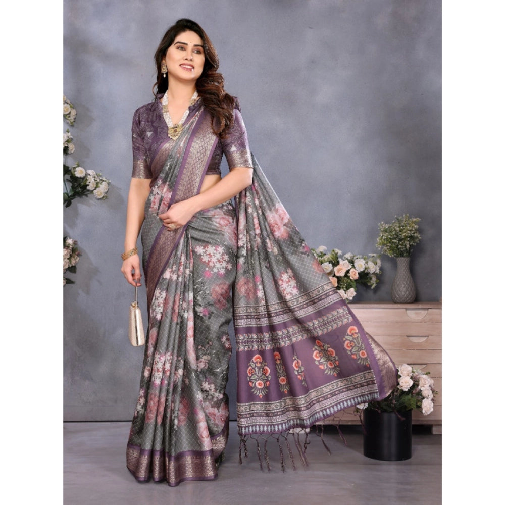Generic Women's Cotton Silk  Printed Saree With Unstitched Blouse 5.5Mtr (Wine )