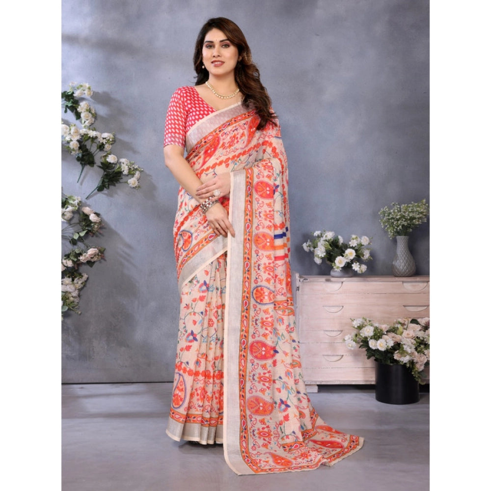 Generic Women's Linen Cotton  Printed Saree With Unstitched Blouse 5.5Mtr (Orange )