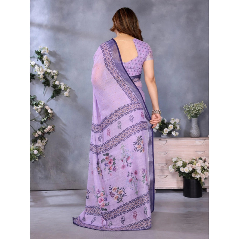 Generic Women's Linen Cotton  Printed Saree With Unstitched Blouse 5.5Mtr (Purple)