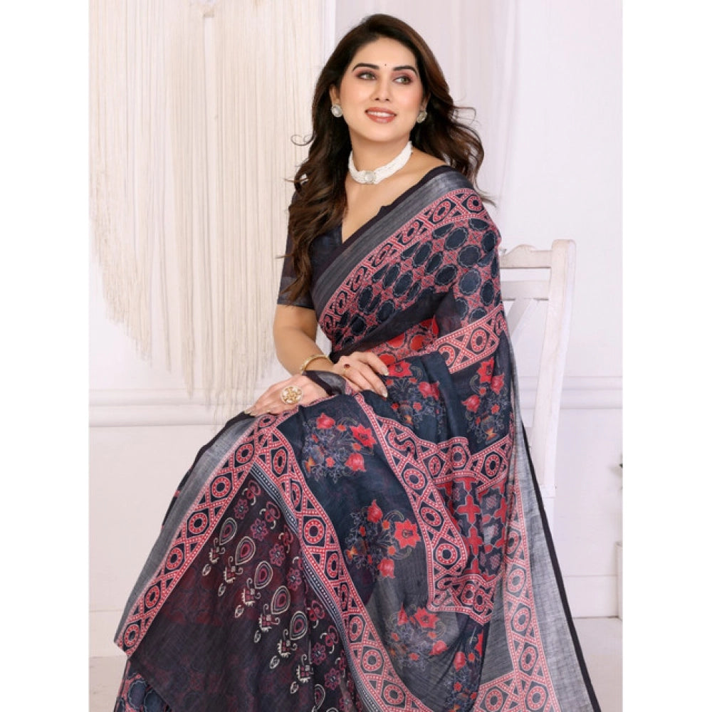 Generic Women's Linen Cotton  Printed Saree With Unstitched Blouse 5.5Mtr (Black)