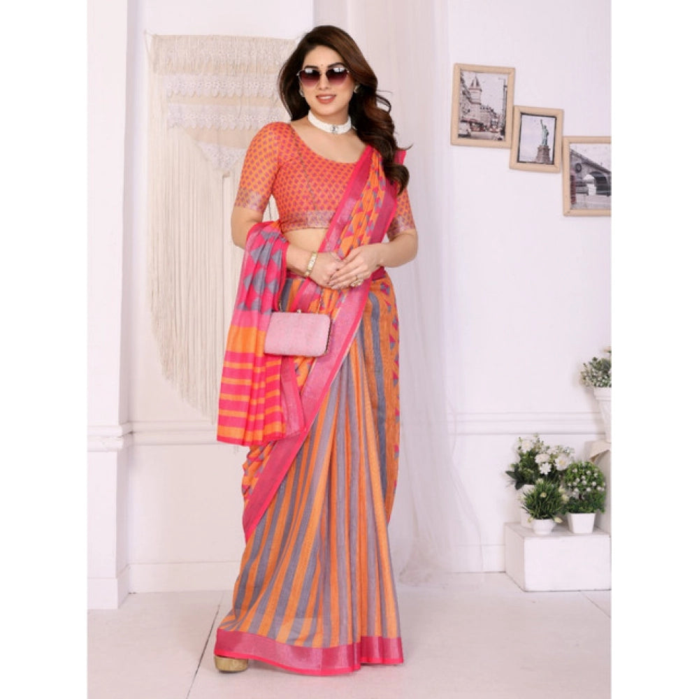 Generic Women's Linen Cotton  Printed Saree With Unstitched Blouse 5.5Mtr (Orange )