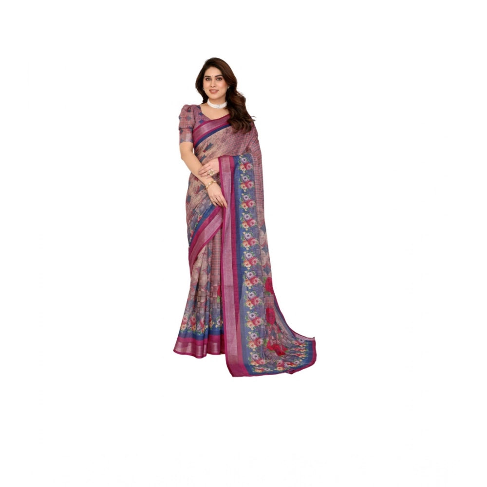 Generic Women's Linen Cotton  Printed Saree With Unstitched Blouse 5.5Mtr (Wine )