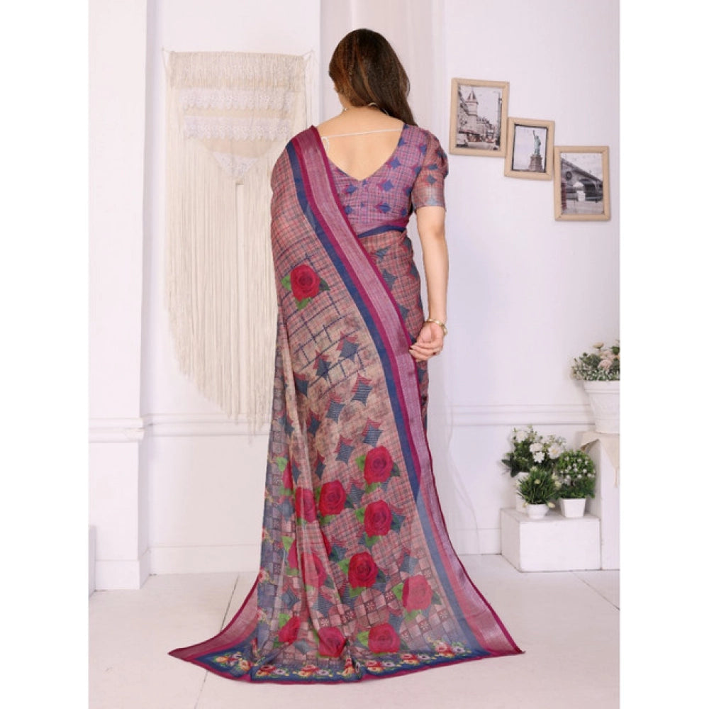 Generic Women's Linen Cotton  Printed Saree With Unstitched Blouse 5.5Mtr (Wine )