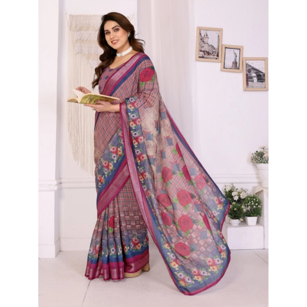 Generic Women's Linen Cotton  Printed Saree With Unstitched Blouse 5.5Mtr (Wine )