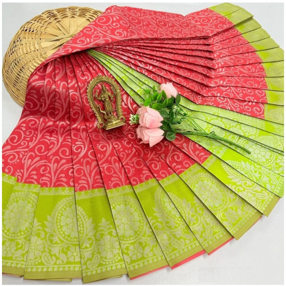 Generic Women's Soft Silk Printed Saree With Unstitched Blouse 5.5Mtr (Red)