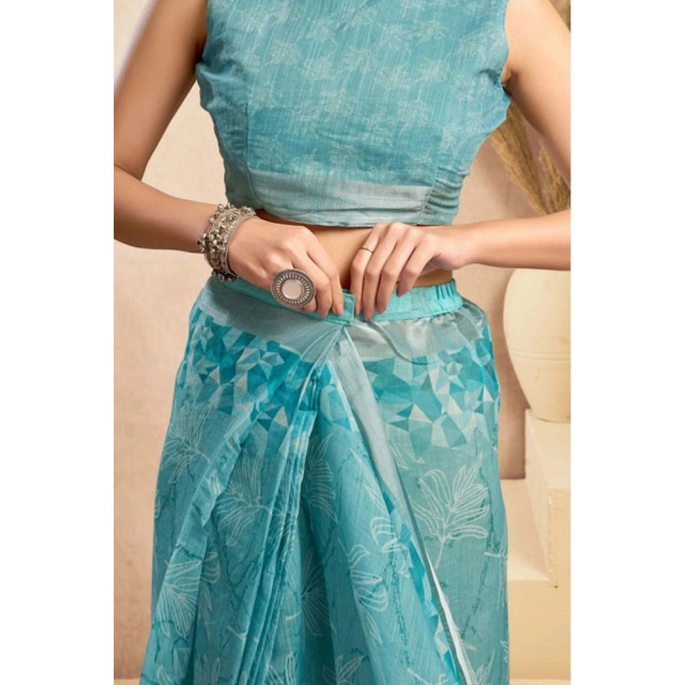Generic Women's Faux_Linen Printed Ready-to-Wear Saree With Unstitched Blouse 5.5 Mtr (Aqua_Blue)