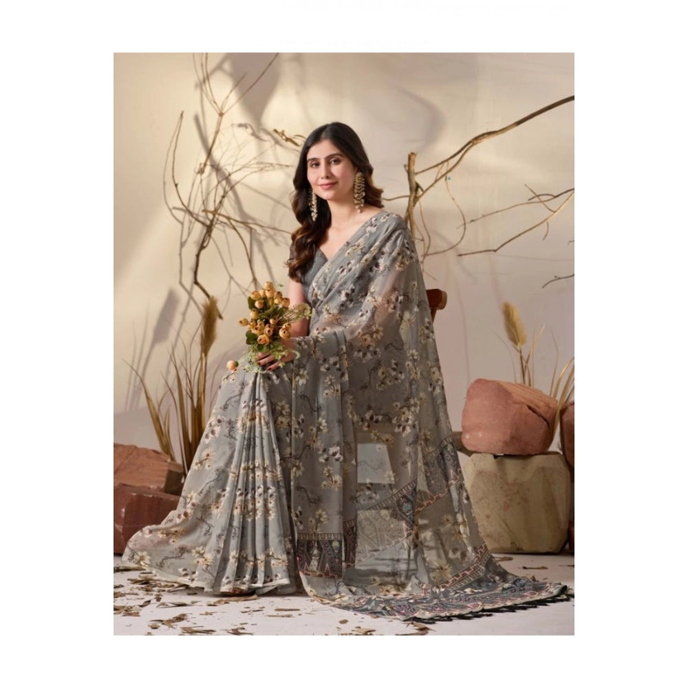 Generic Women's Georgette Printed Saree With Unstitched Blouse 5.5Mtr (Grey)