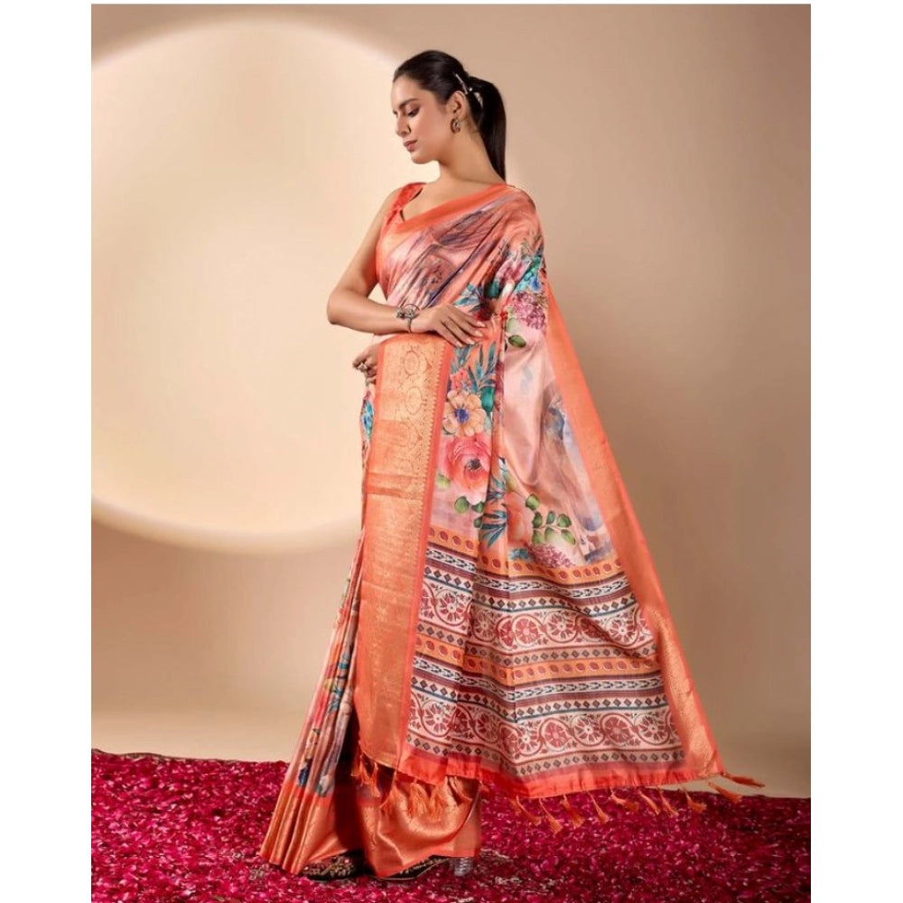 Generic Women's Faux_Silk Printed Saree With Unstitched Blouse 5.5Mtr (Peach)